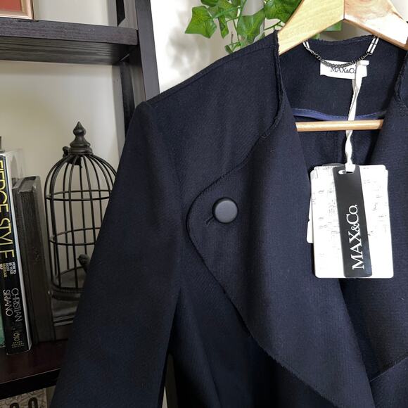 MAX&CO Decisio Wool Collarless Lapel Long Trench Coat Navy Blue Sz 2 NWT $789 - Picture 6 of 9